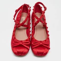 Valentino Red Satin Rockstud Ankle Strap Ballet Flats Size 39.5