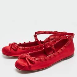 Valentino Red Satin Rockstud Ankle Strap Ballet Flats Size 39.5