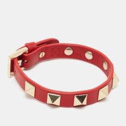 Pre Owned Valentino Rockstud Leather Gold Tone Bracelet