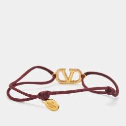 Pre Owned Valentino VLogo Crystals Gold Tone Cord Bracelet