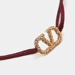 Pre Owned Valentino VLogo Crystals Gold Tone Cord Bracelet