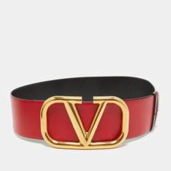 Pre Owned Valentino Black/Red Leather VLogo Reversible Wide Belt 105 cm