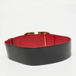 Pre Owned Valentino Black/Red Leather VLogo Reversible Wide Belt 105 cm