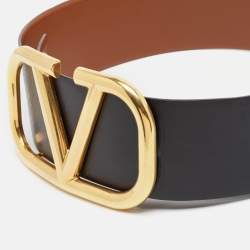 Pre Owned Valentino Black/Brown Leather VLogo Reversible Wide Belt 75CM