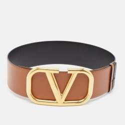 Pre Owned Valentino Black/Brown Leather VLogo Reversible Wide Belt 75CM