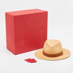 Valentino Garavani Brown Straw and Leather Trim Fedora Hat