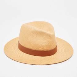 Valentino Garavani Brown Straw and Leather Trim Fedora Hat