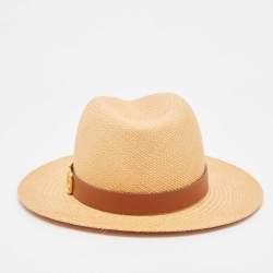 Valentino Garavani Brown Straw and Leather Trim Fedora Hat