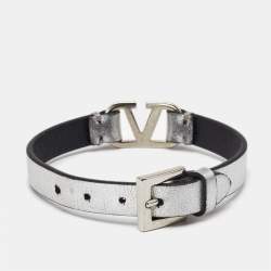 Pre Owned Valentino VLogo Silver Leather Bracelet