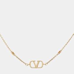 Pre Owned Valentino Vlogo Signature Crystal Gold Tone Necklace