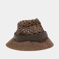 Valentino Brown Vlogo Leather Belted Crochet Fedora Hat M