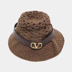 Valentino Brown Vlogo Leather Belted Crochet Fedora Hat M
