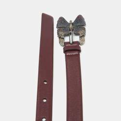 Pre Owned Valentino Burgundy Leather Crystal Embellished Butterfly Buckle Slim Belt 90 CM