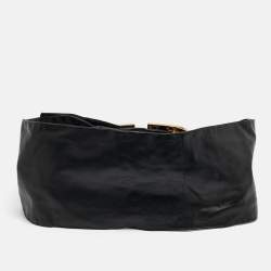 Pre Owned Valentino Black Leather Pleated Vlogo Wide Belt 85CM