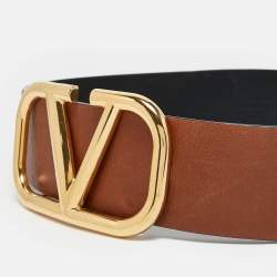 Pre Owned Valentino Brown/Black Leather VLogo Wide Reversible Belt 85CM