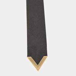 Pre Owned Valentino Black Wool Blend Logo Plaque Tie 