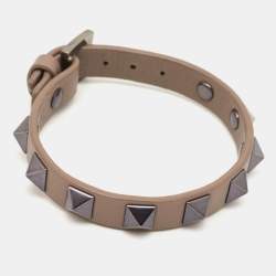 Pre Owned Valentino Rockstud Leather Gunmetal Tone Wrap Bracelet