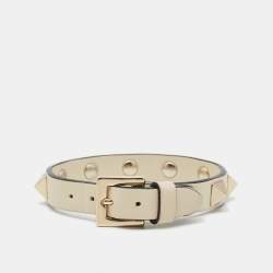 Pre Owned Valentino Rockstud Biege Leather Gold Tone Bracelet