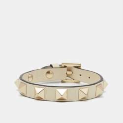 Pre Owned Valentino Rockstud Biege Leather Gold Tone Bracelet