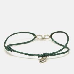 Pre Owned Valentino VLogo Silver Tone Green Cord Bracelet