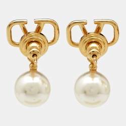 Pre Owned Valentino VLogo Signature Faux Pearl Gold Tone Drop Earrings