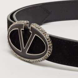 Pre Owned حزام فالنتينو أسود شامواه وجلد VLogo كريستال قابل للعكس 80 سم