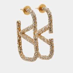 Pre Owned Valentino Vlogo Crystals Gold Tone Earrings
