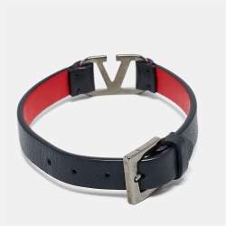 Valentino Vlogo Leather Gunmetal Tone Bracelet