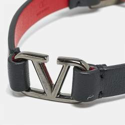 Valentino Vlogo Leather Gunmetal Tone Bracelet