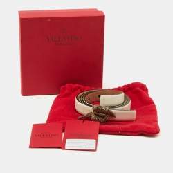 Valentino White Leather Crystal Embellished Slim Buckle Belt 90CM