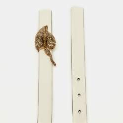 Valentino White Leather Crystal Embellished Slim Buckle Belt 90CM