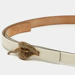 Valentino White Leather Crystal Embellished Slim Buckle Belt 90CM