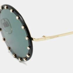 Pre Owned Valentino Black/Gold Tone VA 2010-B Crystals Round Sunglasses