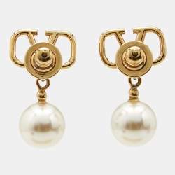 Pre Owned Valentino VLogo Signature Faux Pearls Gold Tone Metal Drop Earrings
