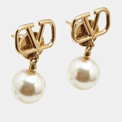 Pre Owned Valentino VLogo Signature Faux Pearls Gold Tone Metal Drop Earrings