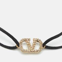 Pre Owned Valentino VLogo Crystal-Embellished Gold Tone Cord Bracelet