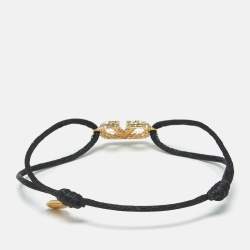 Pre Owned Valentino VLogo Crystal-Embellished Gold Tone Cord Bracelet