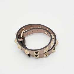 Pre Owned Valentino Rockstud Leather Gold Tone Wrap Bracelet