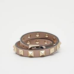 Pre Owned Valentino Rockstud Leather Gold Tone Wrap Bracelet