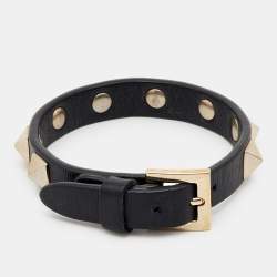 Pre Owned Valentino Rockstud Black Leather Gold Tone Bracelet