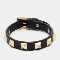 Pre Owned Valentino Rockstud Black Leather Gold Tone Bracelet