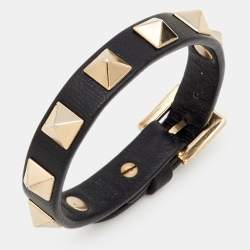 Pre Owned Valentino Rockstud Black Leather Gold Tone Bracelet