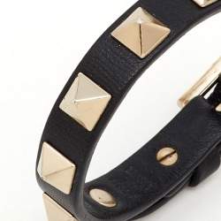 Pre Owned Valentino Rockstud Black Leather Gold Tone Bracelet