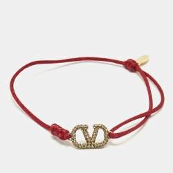 Pre Owned Valentino Vlogo Crystals Gold Tone Cord Bracelet