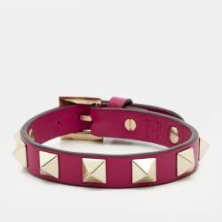 Pre Owned Valentino Rockstud Leather Gold Tone Wrap Bracelet