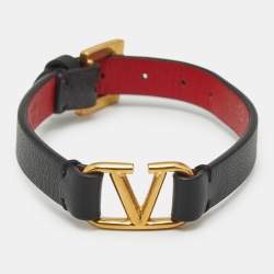 Pre Owned Valentino VLogo Leather Gold Tone Bracelet
