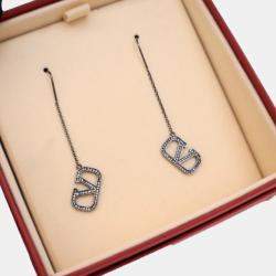 Pre Owned Valentino Crystal V Logo Signature Threader Earrings