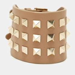 Pre Owned Valentino Leather Rockstud Gold Tone Bracelet