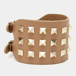 Pre Owned Valentino Leather Rockstud Gold Tone Bracelet