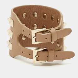 Pre Owned Valentino Leather Rockstud Gold Tone Bracelet